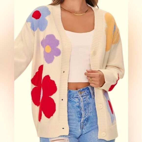 FOREVER 21 FLORAL PRINT KNIT CARDIGAN SWEATER SIZE SMALL OVERSIZED - Picture 3 of 6